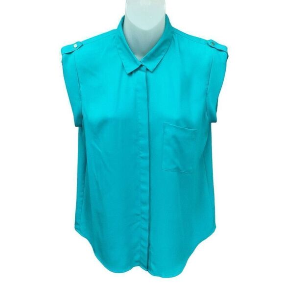 Mossimo Blouse Button Down Collar Teal Blue Green Epaulets Cap Sleeves Medium - Picture 1 of 9